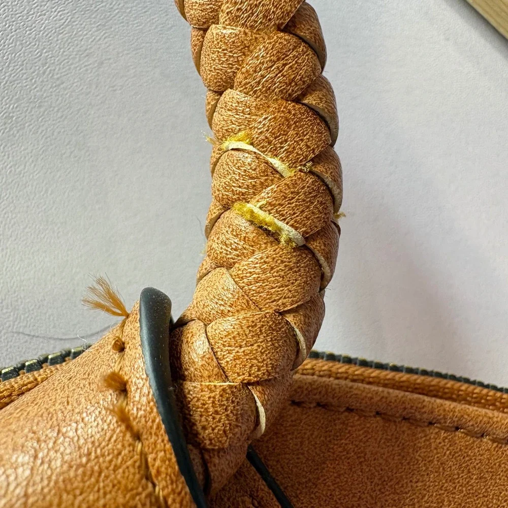 Tan Vegan Leather Tassel Clutch Braided Ring Handle Wristlet Boho Bag